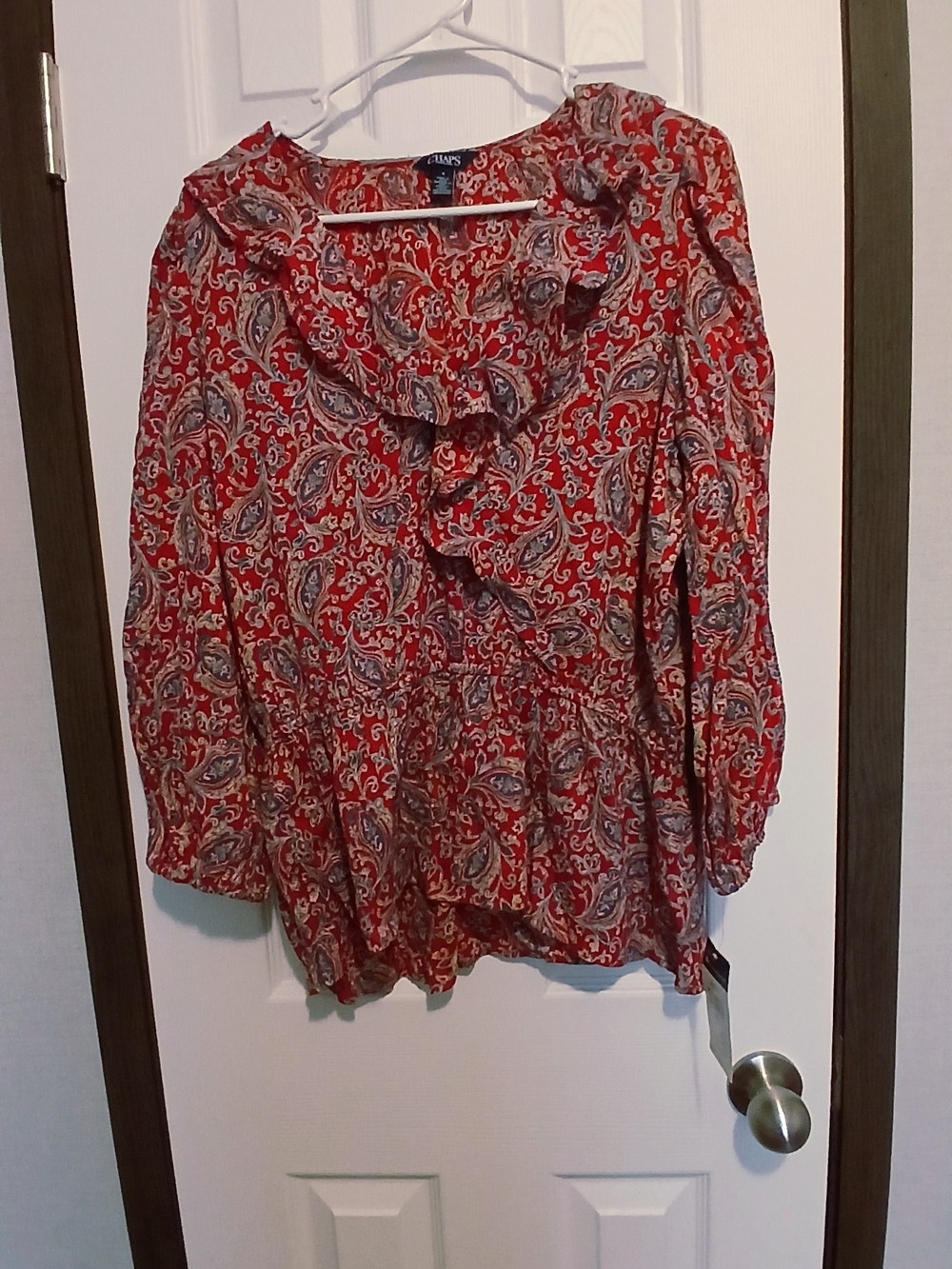 Chaps Red Paisley Ruffle-Front Peplum Blouse